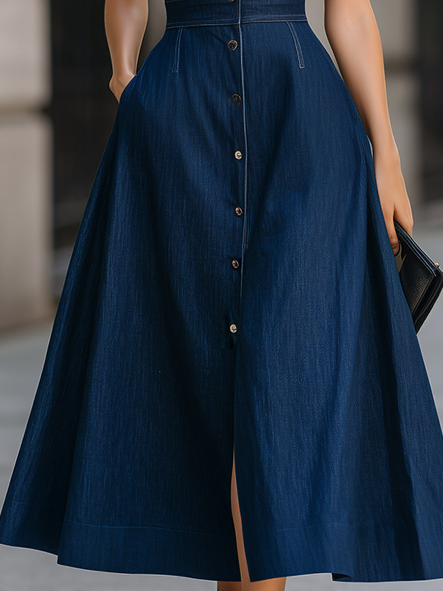 Anna-Berg | Retro Denim Button-Front Shirt Dress