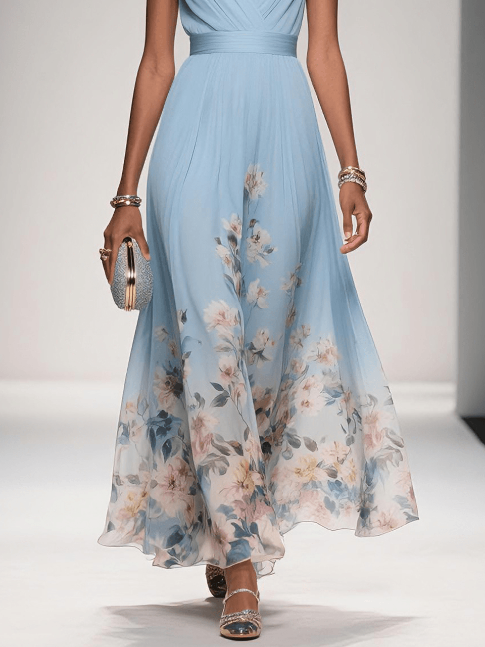 Anna-Berg | Feminine Light Blue Floral V-Neck Maxi Dress