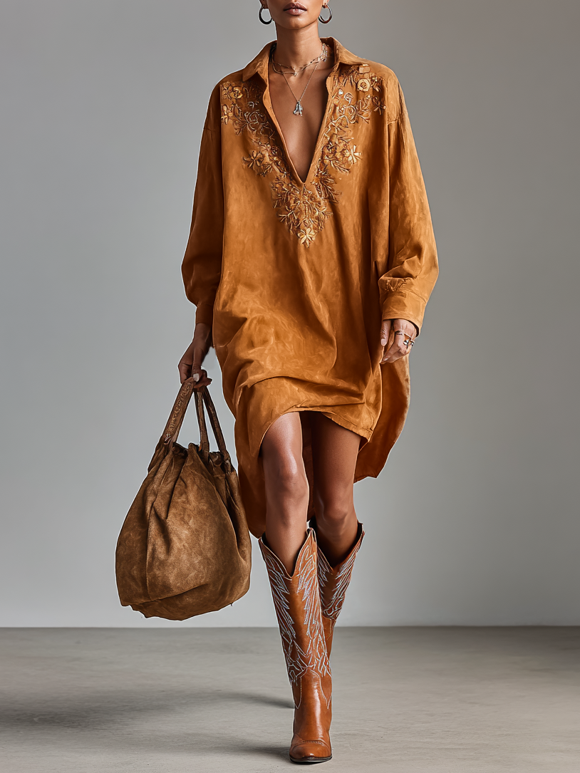 Anna-Berg | Red Suede V-Neck Dress