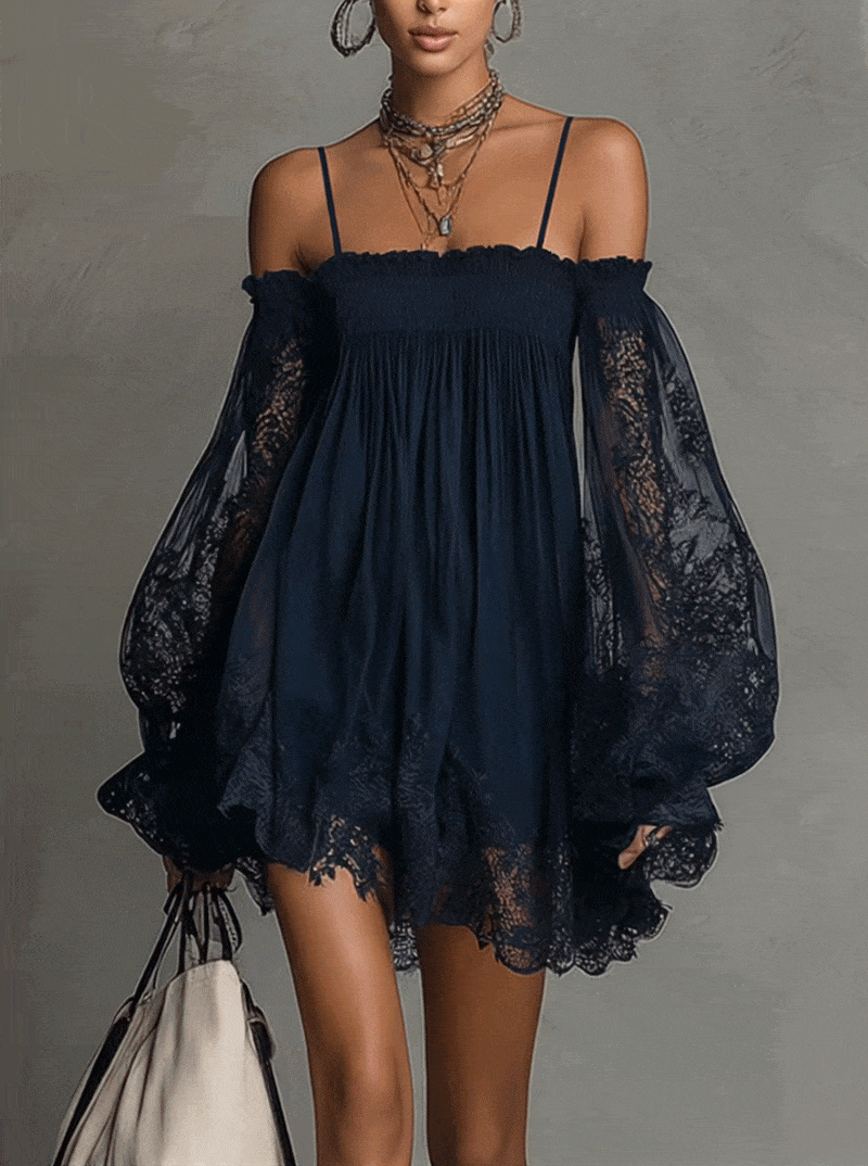 Anna-Berg | Chic Mini Dress In Navy Blue Chiffon With Off-the-shoulder Neckline, Lace Trim, And Sheer Sleeves