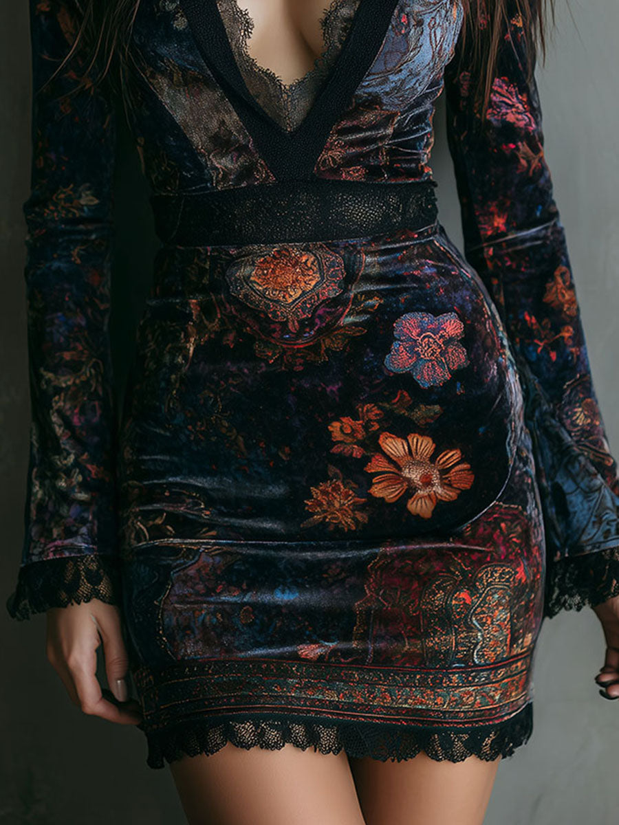 Anna-Berg | Boho Floral Print V-Neck Velvet Dress