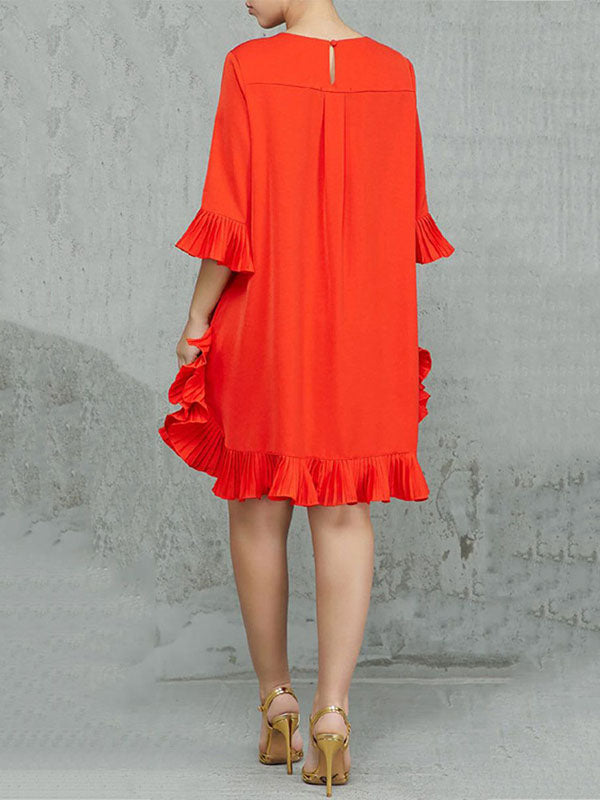 Anna-Berg | Falbala Solid Colour Round-Neck Dress
