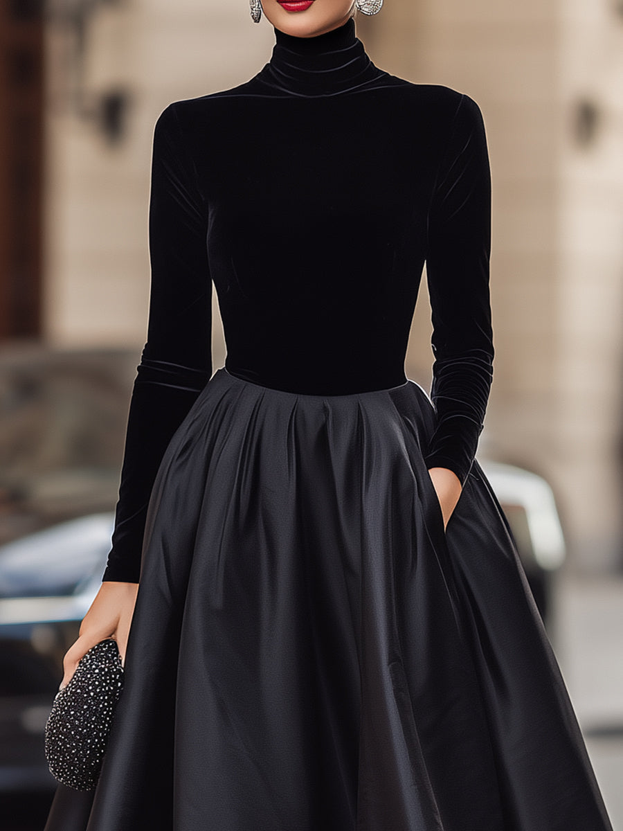 Anna-Berg | Elegant Black Velvet And Satin Midi Dress