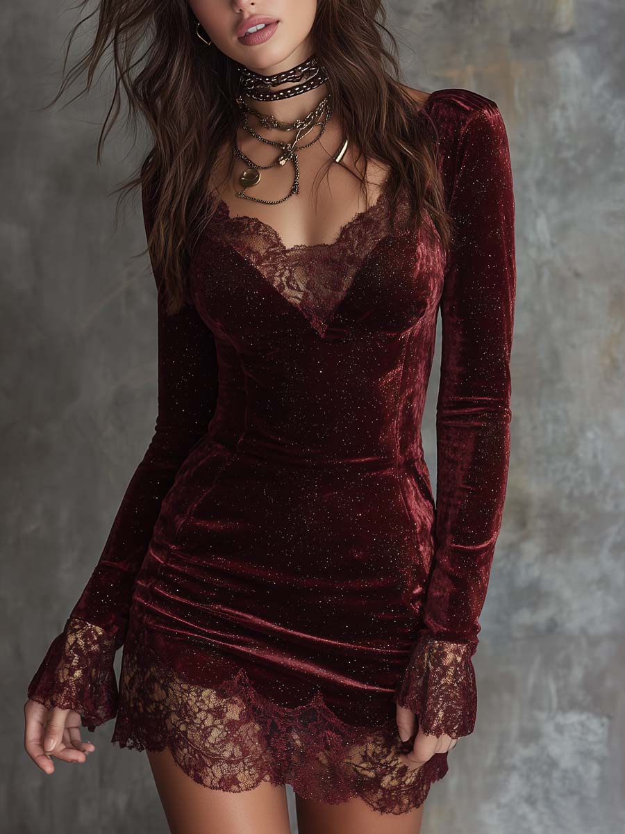 Anna-Berg | Sparkling Velvet Lace-Trim Dress