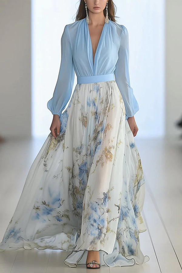Anna-Berg | Plant Print V-Neck Long Sleeve Dress