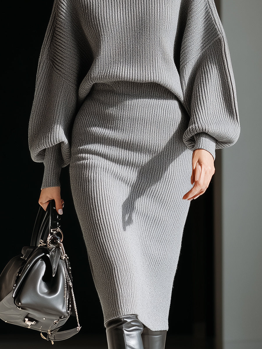 Anna-Berg | Gray Ribbed Turtleneck Batwing Sweater Dress