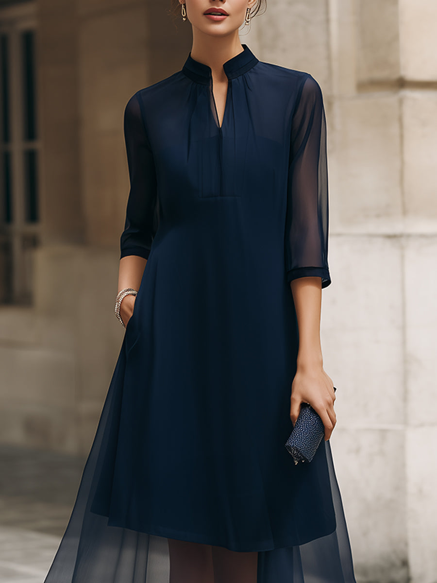 Anna-Berg | Mandarin Collar Sheer Overlay Midi Dress