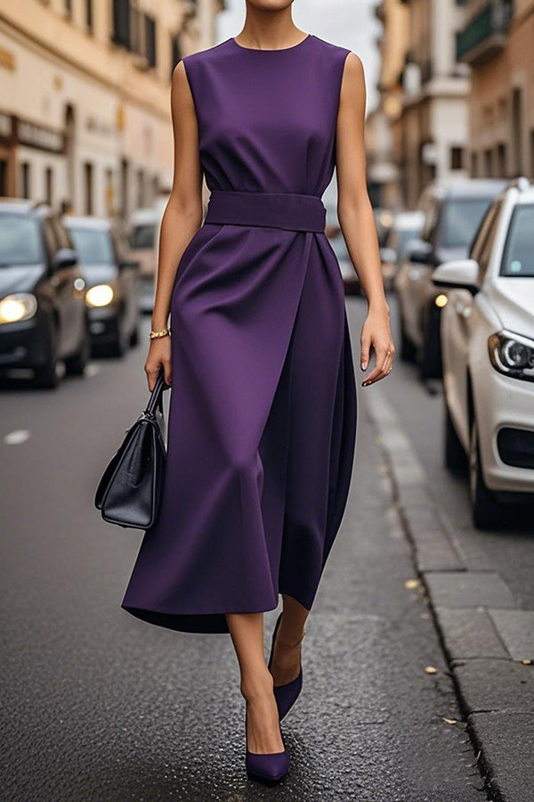 Anna-Berg | Solid Color Sleeveless Round Neck Dress