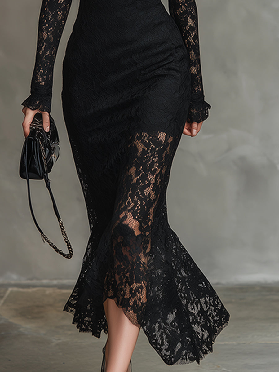 Anna-Berg | Black Lace Fishtail Evening Dress
