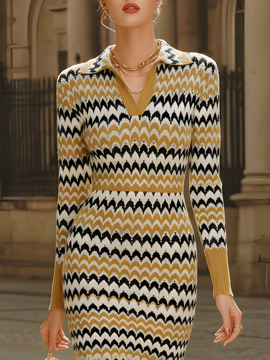 Anna-Berg | Retro Chevron Print Polo Collar Dress
