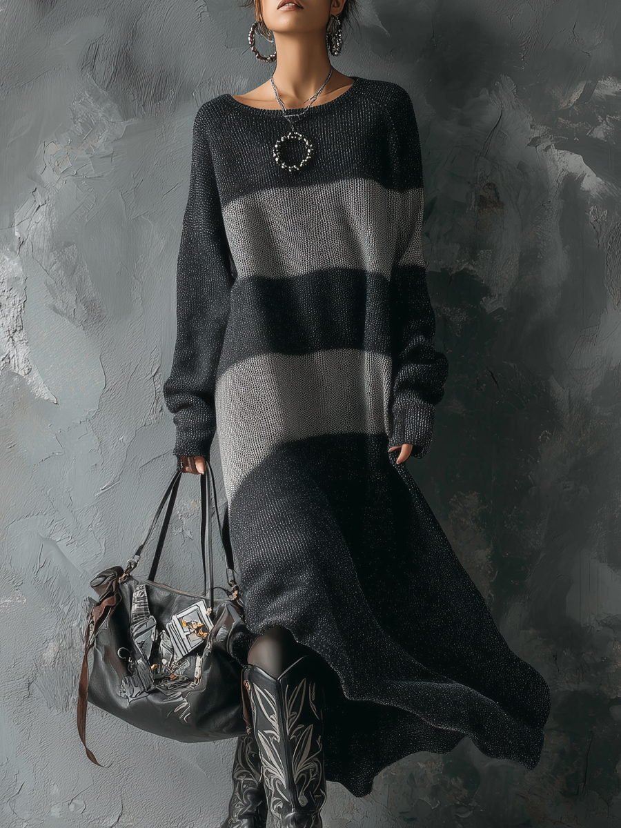 Anna-Berg | Retro Round Neck Contrast Color Dress