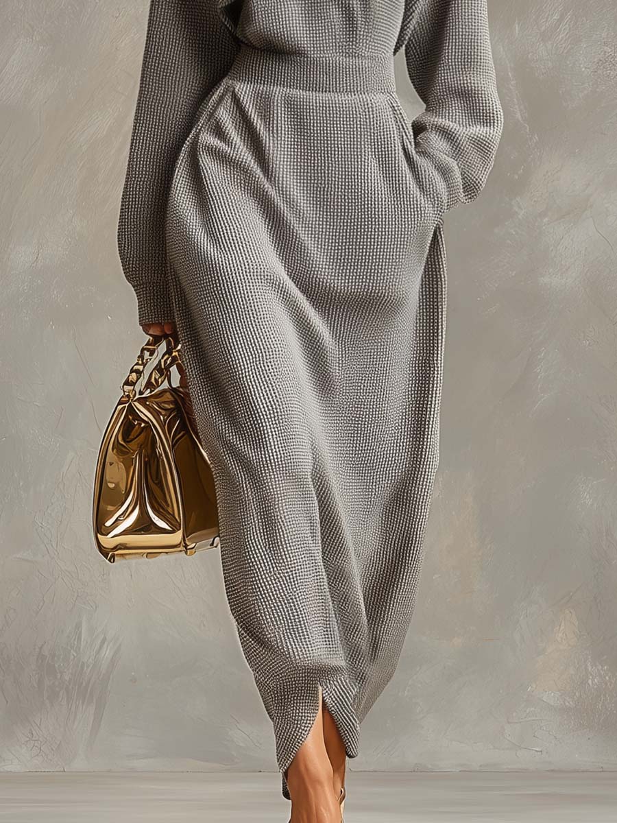 Anna-Berg | Grey Waffle Long Sleeve Casual Dress