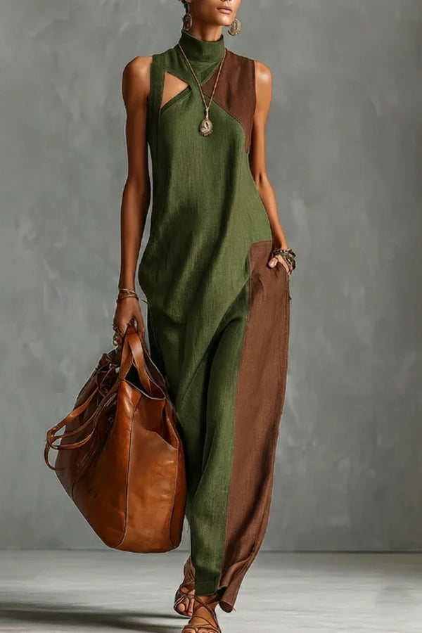 Anna-Berg | Stylish Color-Blocked High-Neck Sleeveless Casual Dress