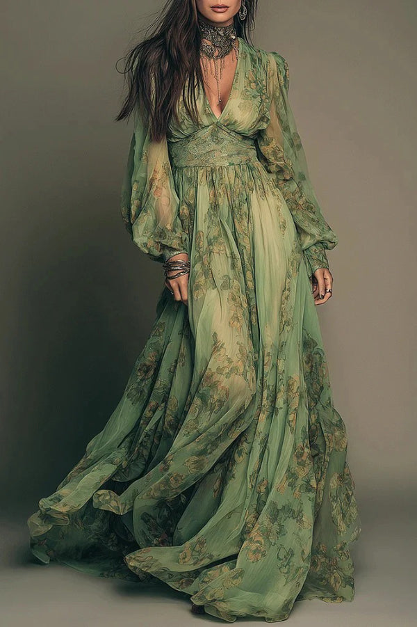 Anna-Berg | Botanical Print V-Neck Long-Sleeved Fitted Dress