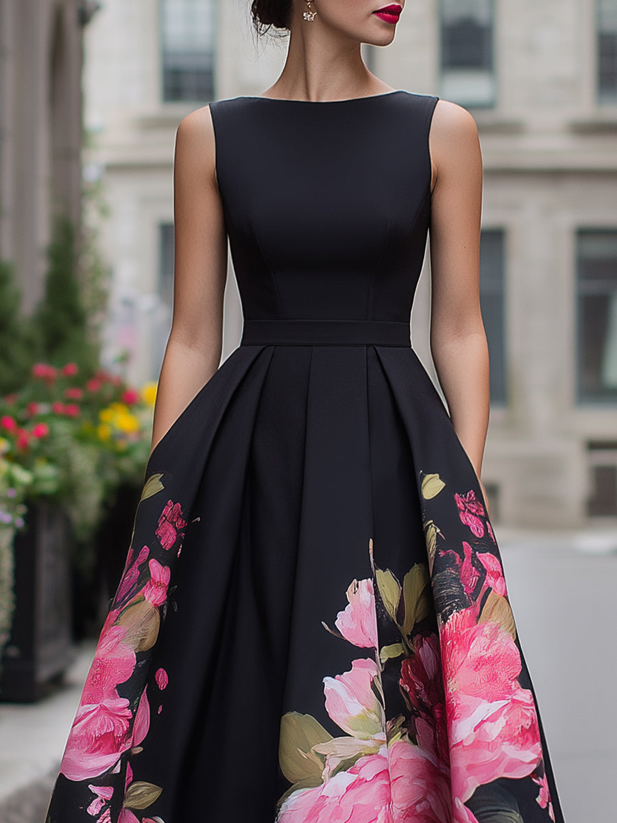 Anna-Berg | Elegant Sleeveless Midi Dress With Floral Printed Skirt