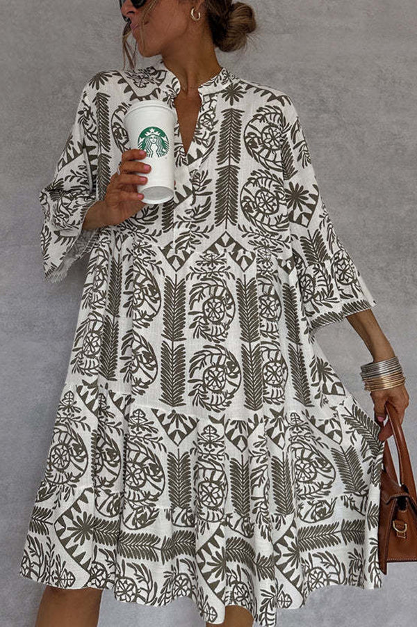 Anna-Berg | Unique Printed V-Neck Bell Sleeve Dress