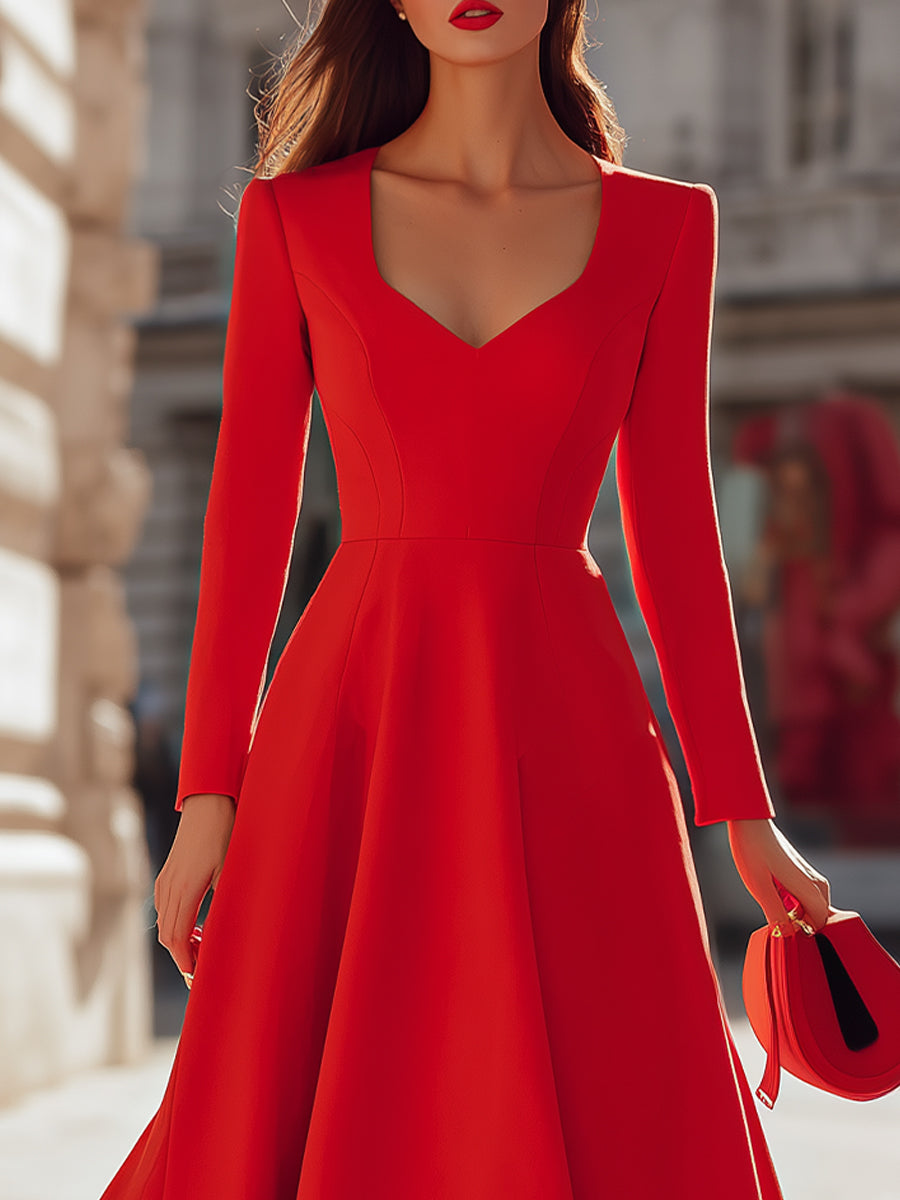 Anna-Berg | Elegant Red V - Neck Midi Fit - And - Flare Dress