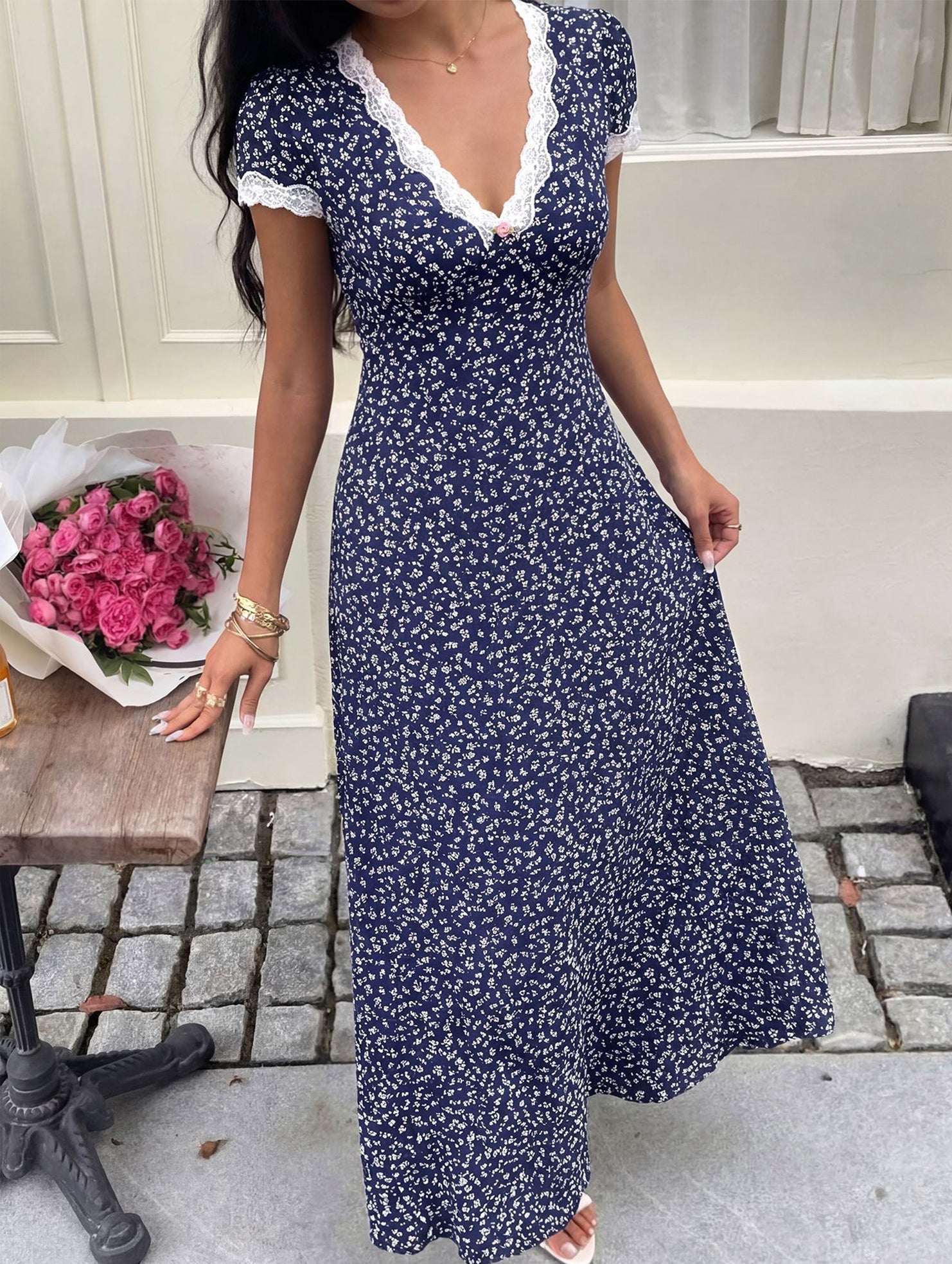 Anna-Berg | Lace Patch Floral V Neck Dress