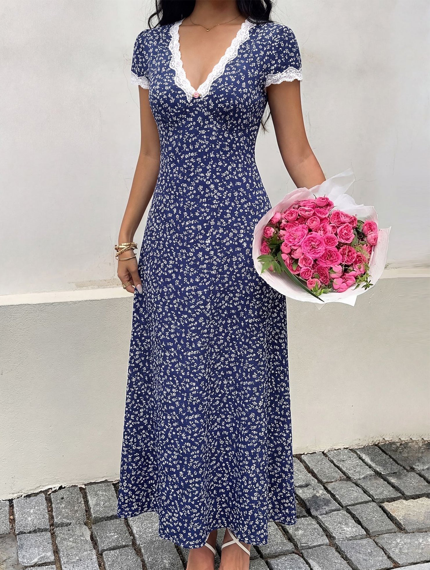 Anna-Berg | Lace Patch Floral V Neck Dress