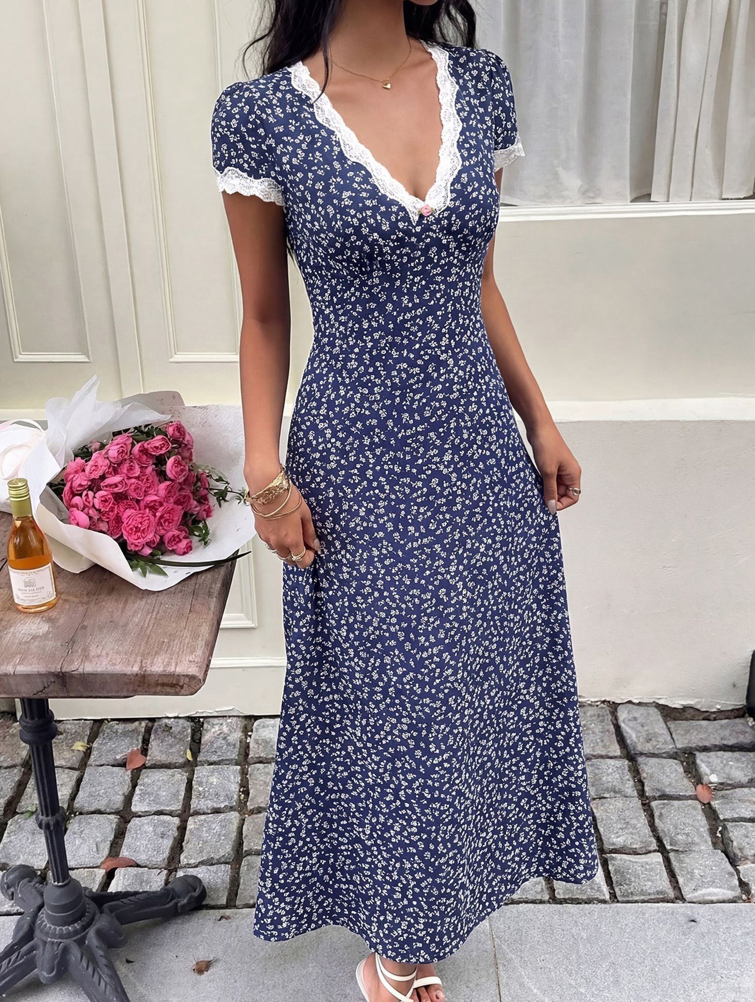 Anna-Berg | Lace Patch Floral V Neck Dress