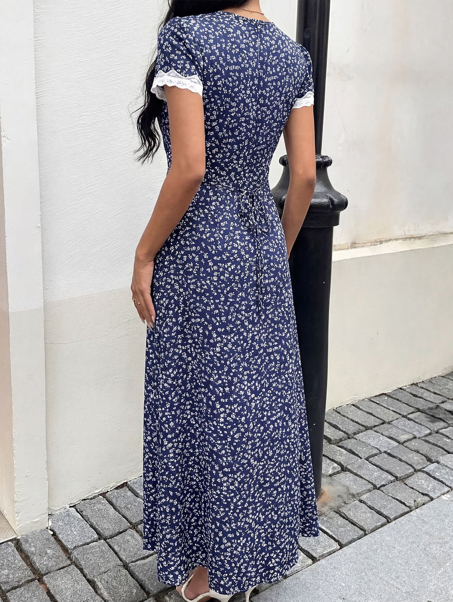 Anna-Berg | Lace Patch Floral V Neck Dress
