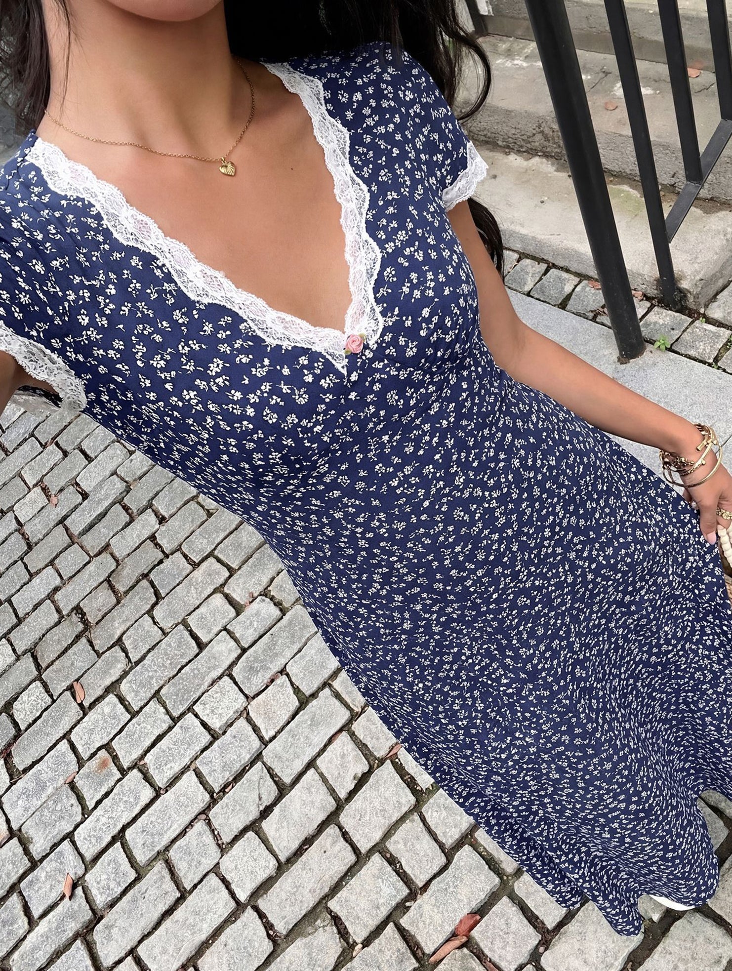 Anna-Berg | Lace Patch Floral V Neck Dress