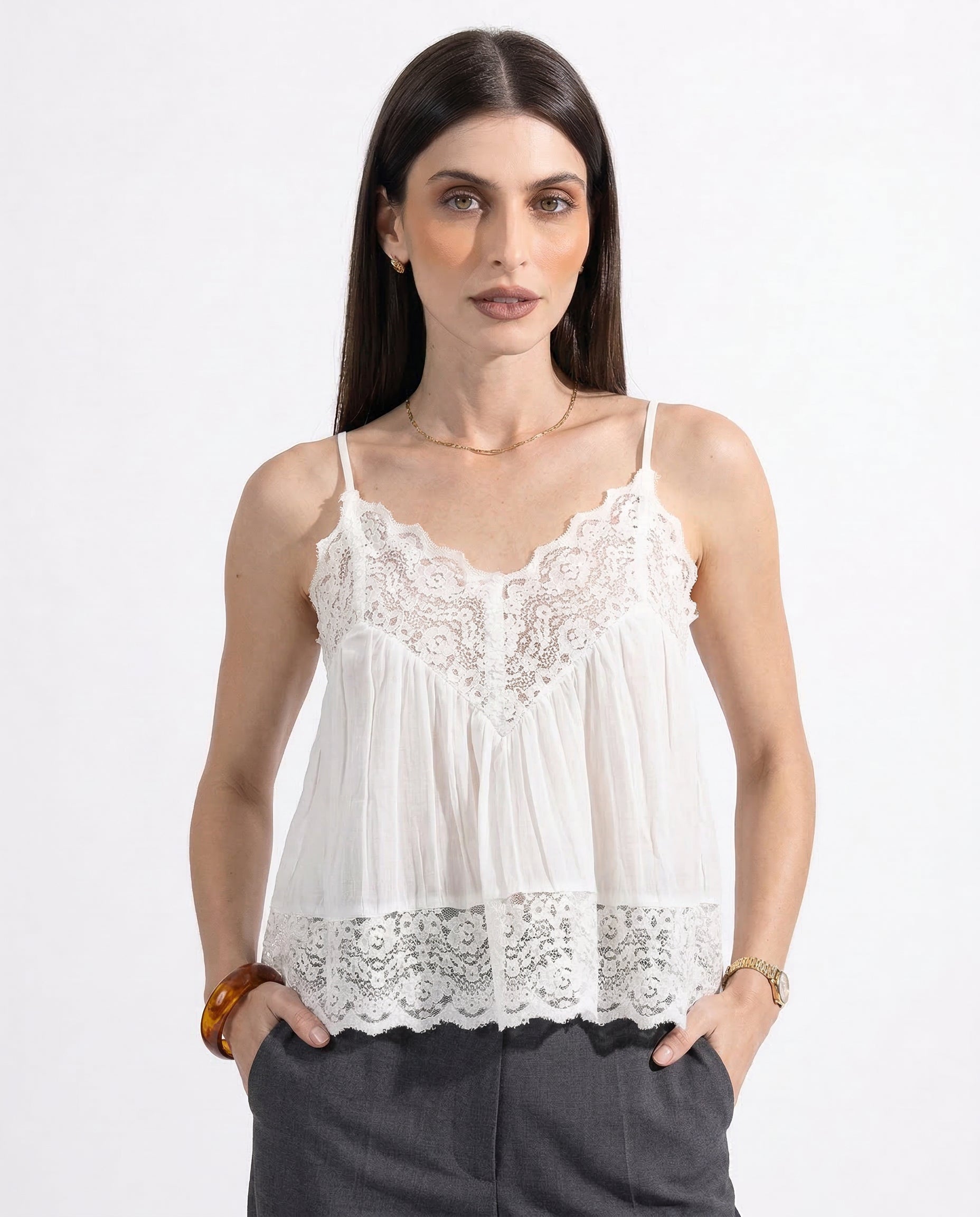 Anna-Berg | Ivory Lace-Trim Satin Cami