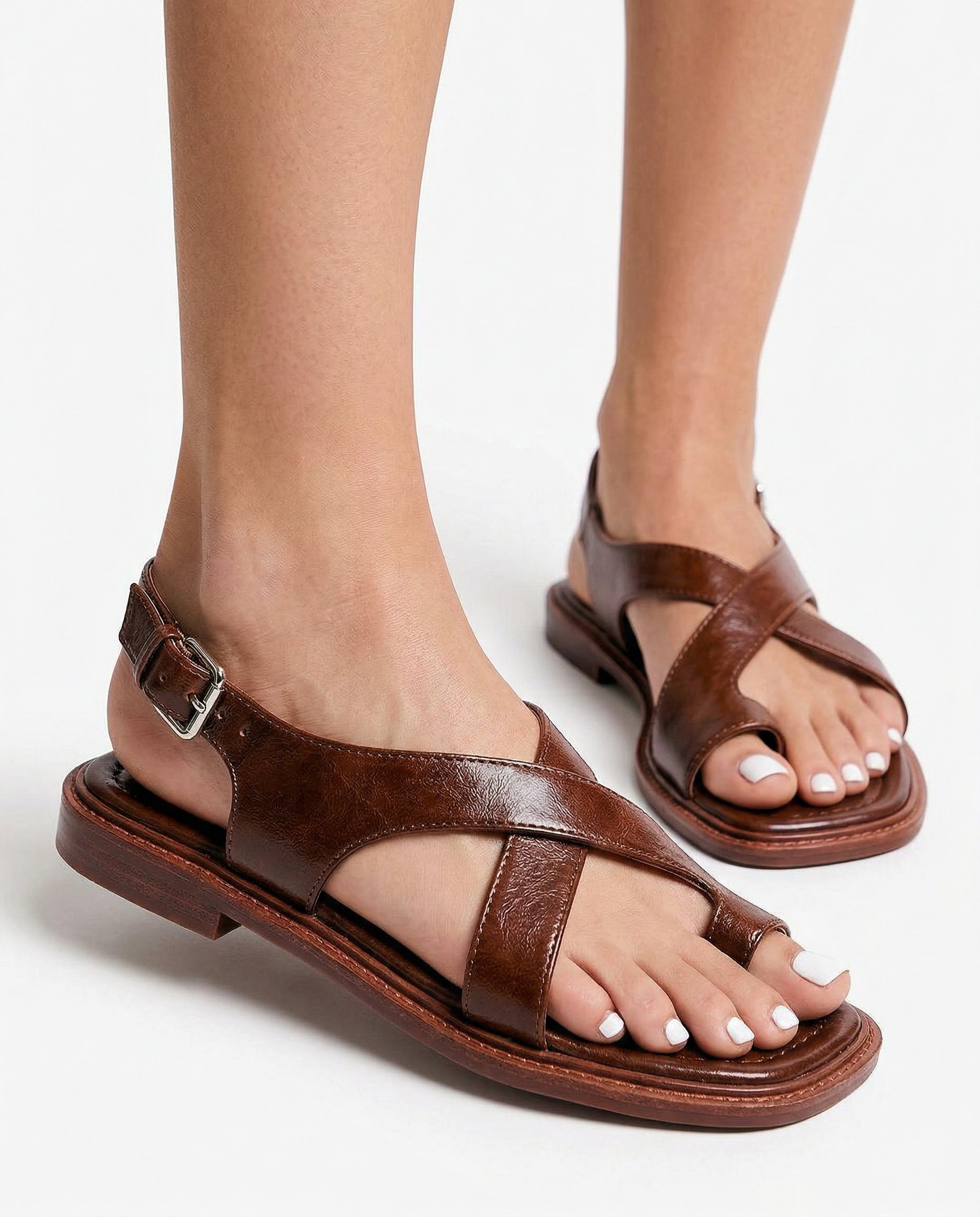 Anna-Berg | Brown Crisscross-Strap Leather Sandals