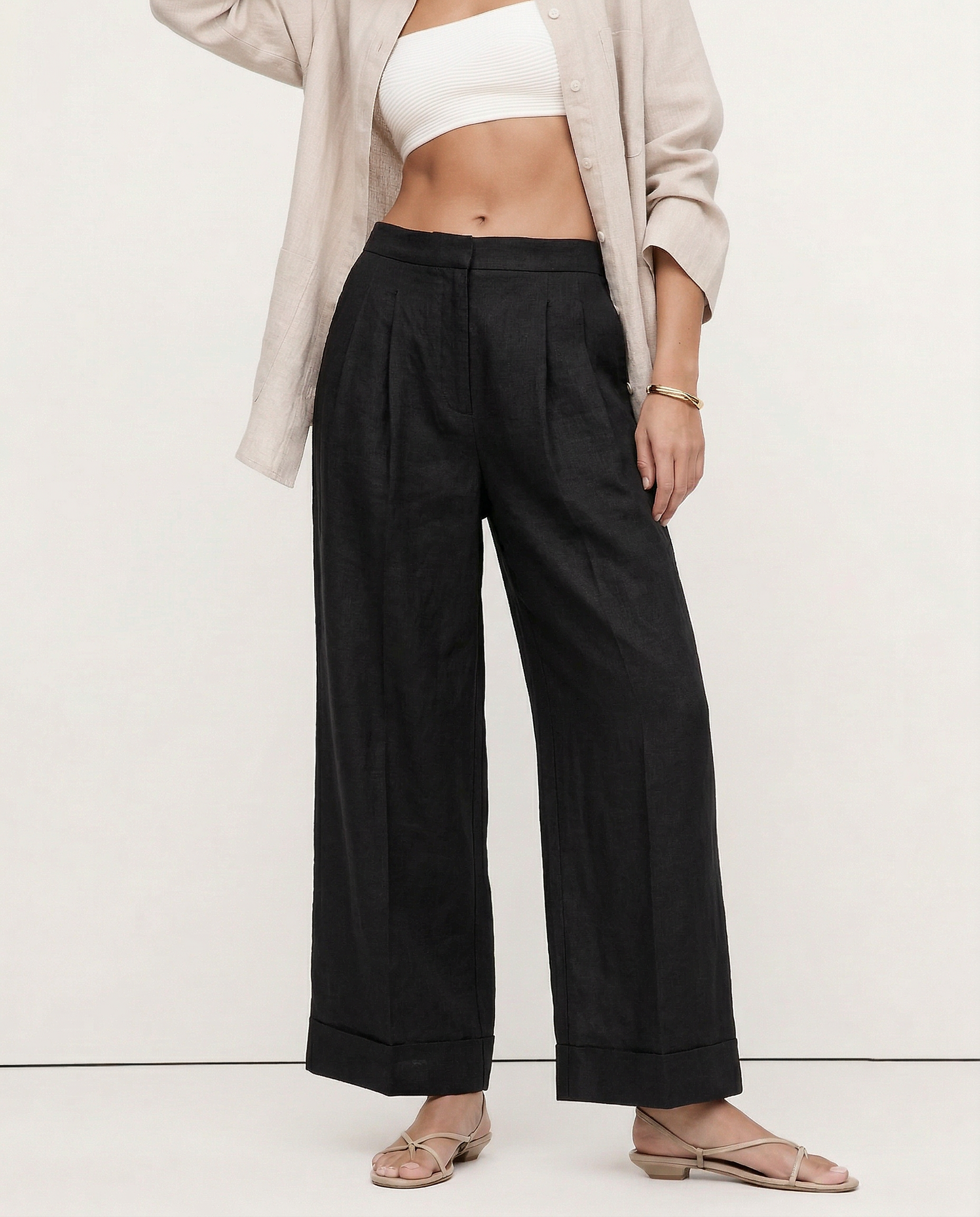 Anna-Berg | Sand Pleated Wide-Leg Linen Pant