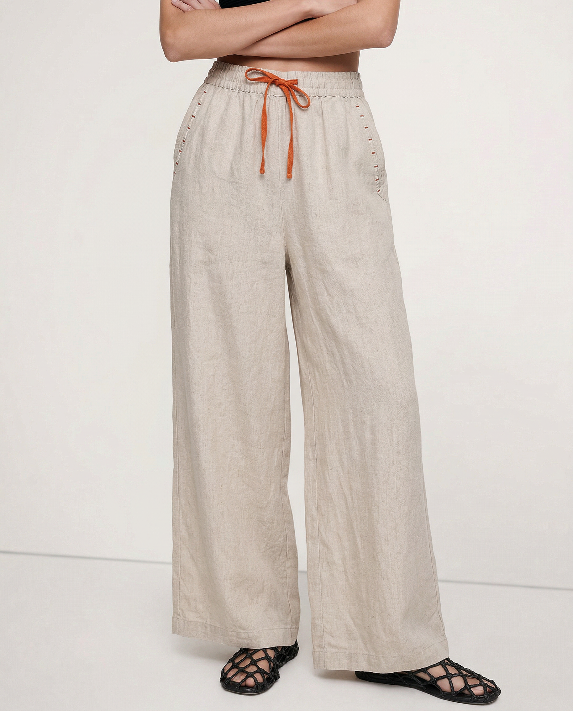 Anna-Berg | Black Drawstring Wide-Leg Cotton Pant