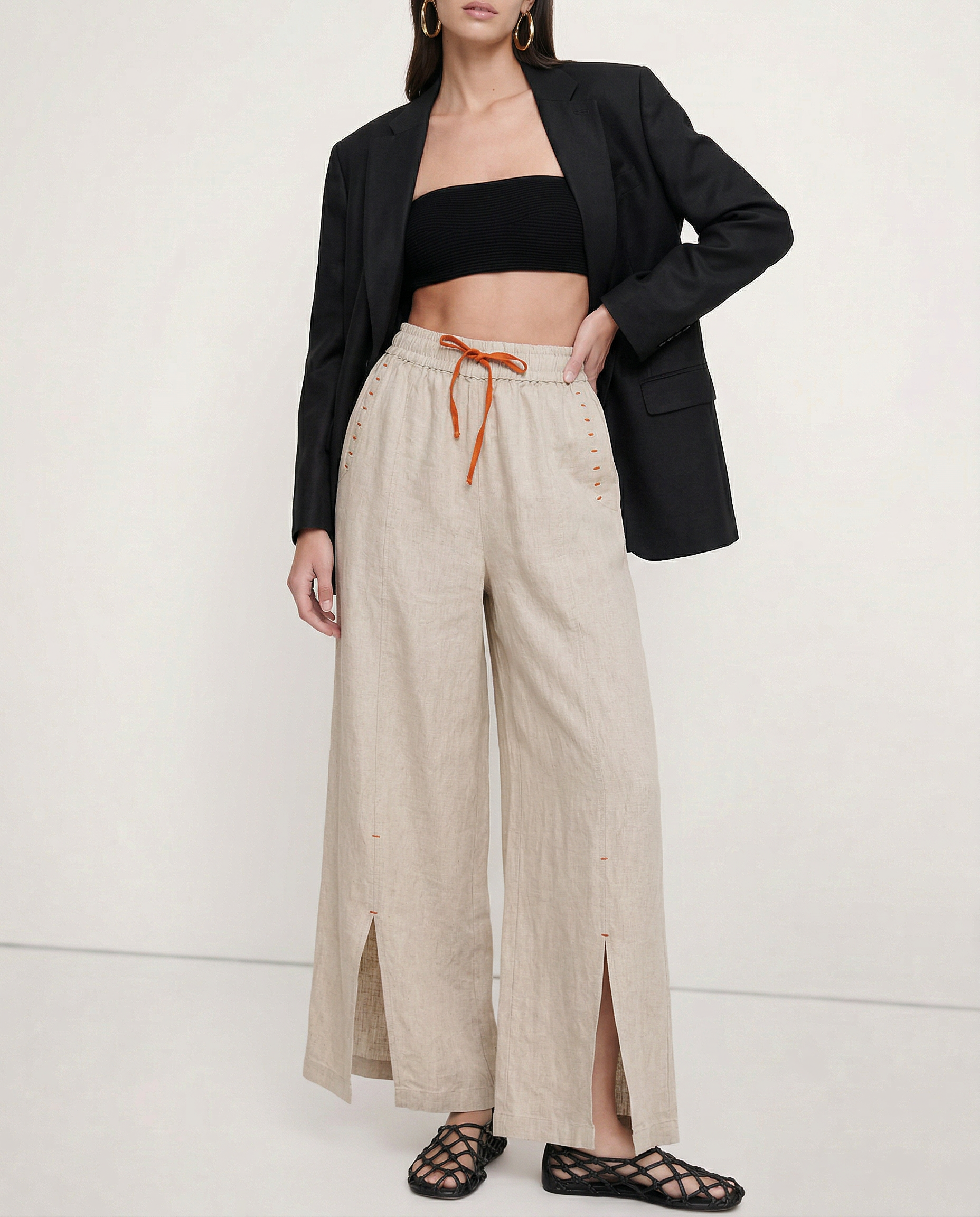 Anna-Berg | Black Drawstring Wide-Leg Cotton Pant