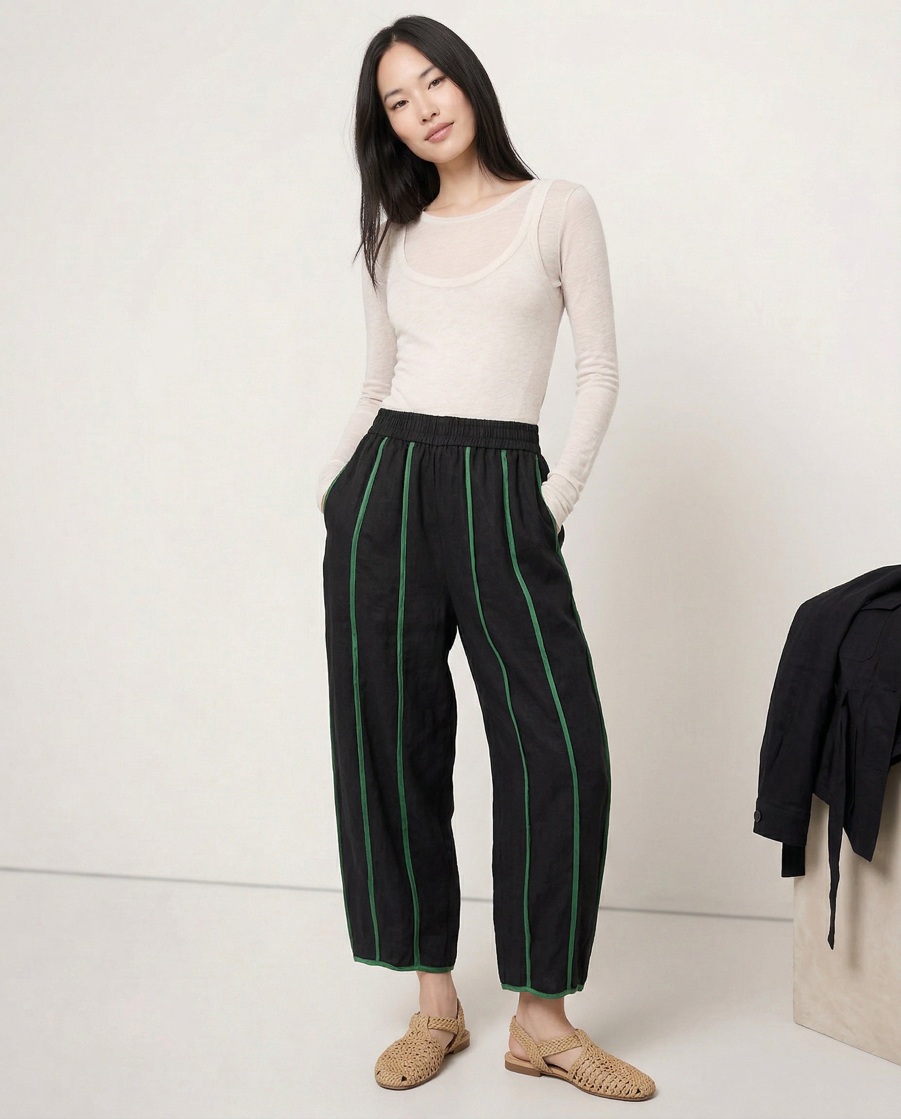 Anna-Berg | Green Striped Wide-Leg Linen Pant