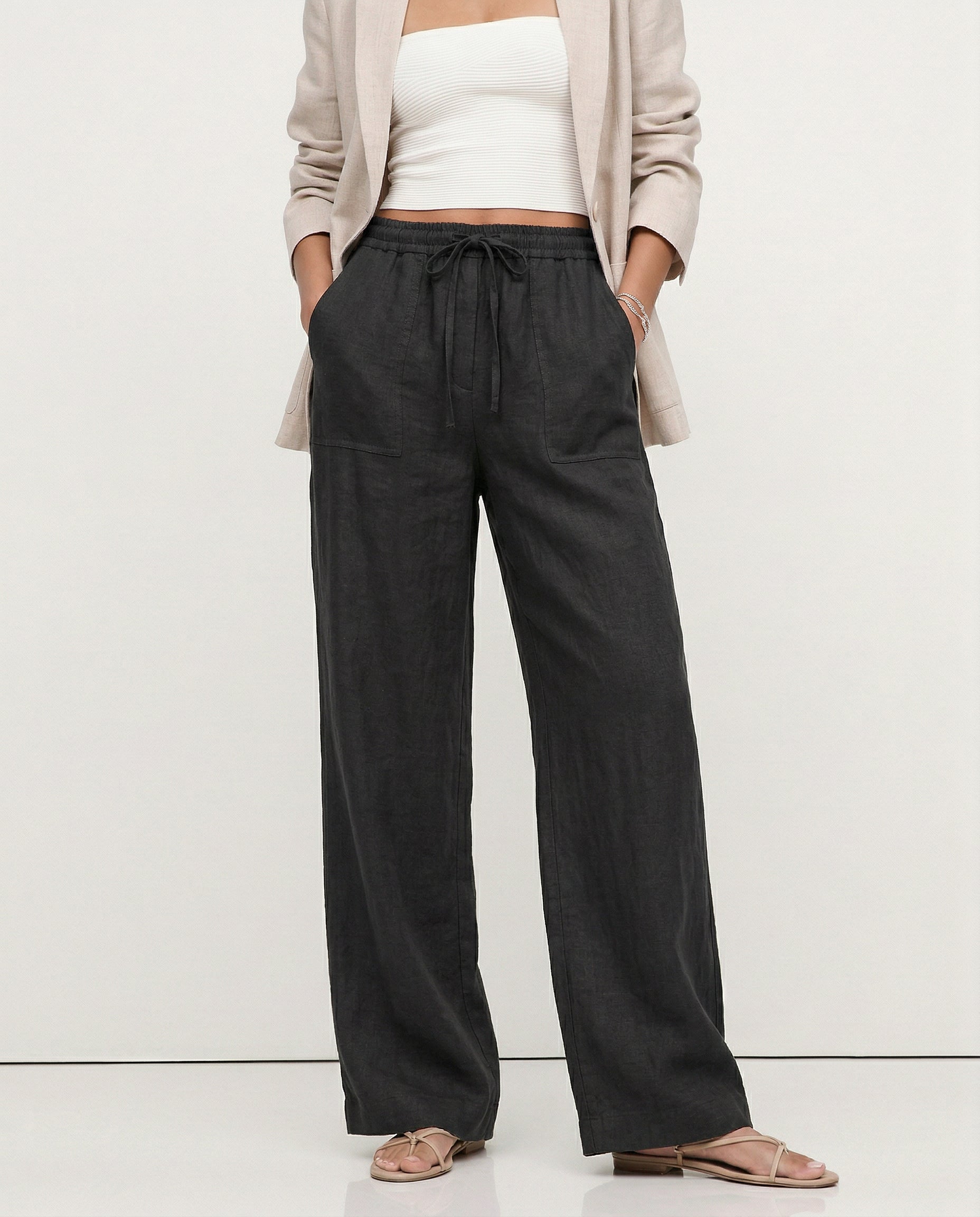 Anna-Berg | Sand Drawstring Straight-Leg Linen Pants