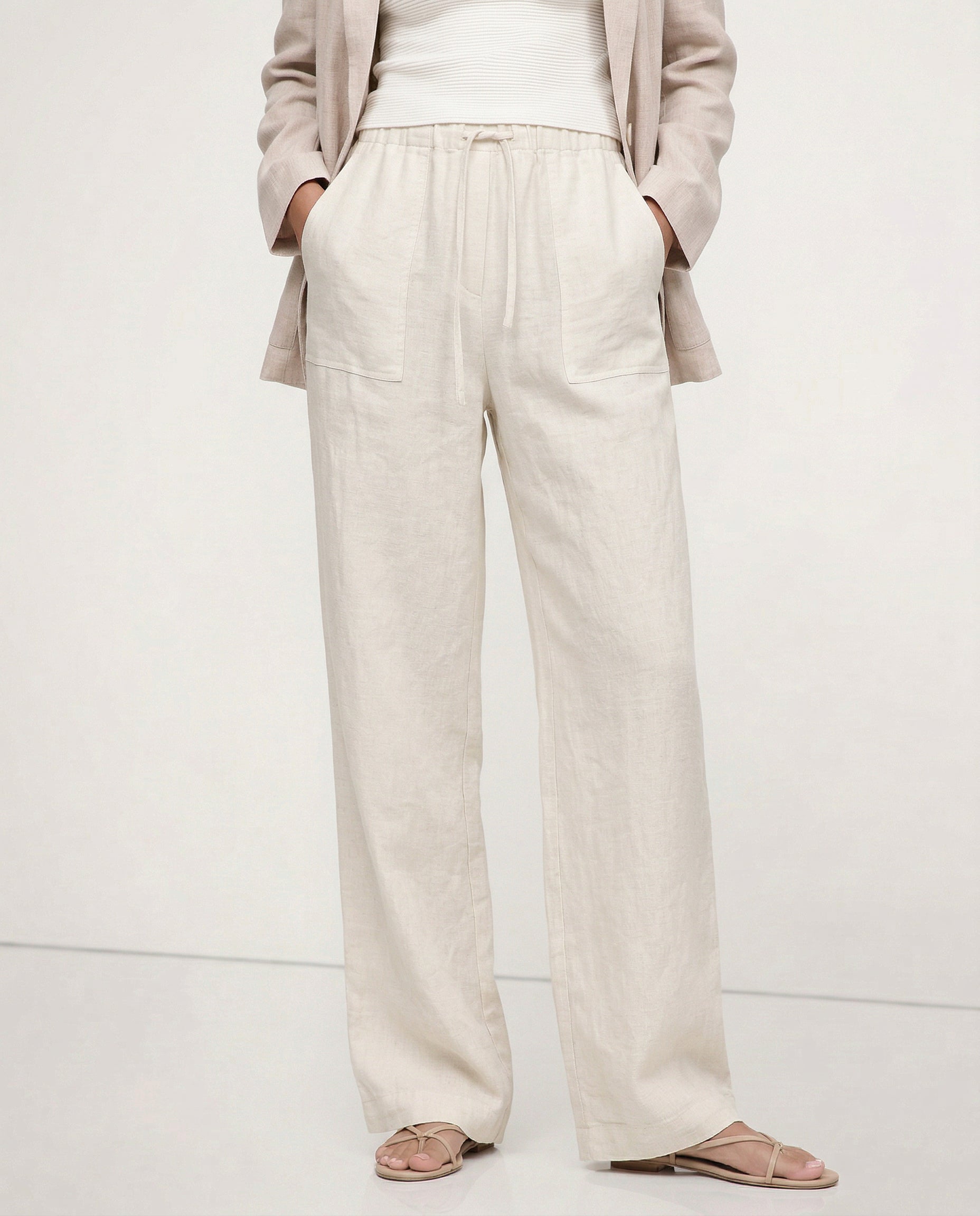 Anna-Berg | Sand Drawstring Straight-Leg Linen Pants