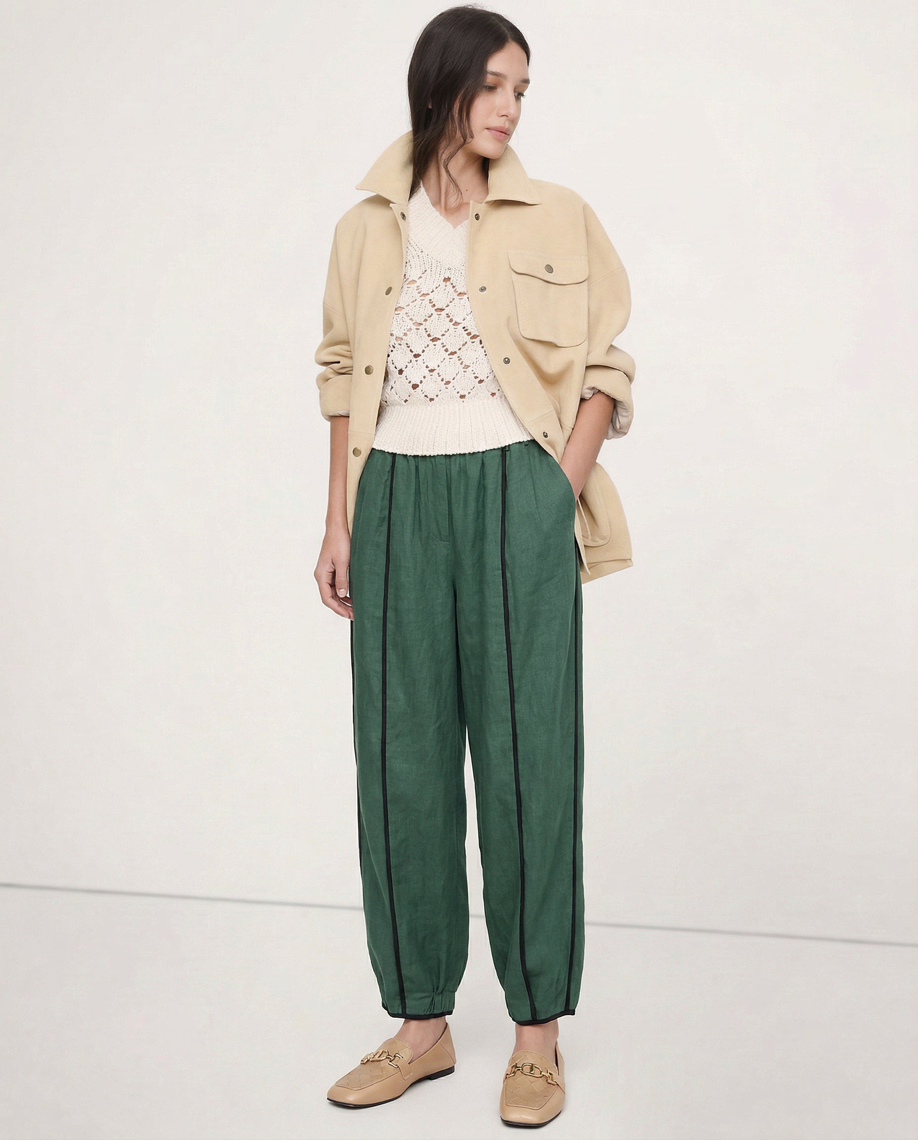 Anna-Berg | Green Striped Wide-Leg Linen Pant