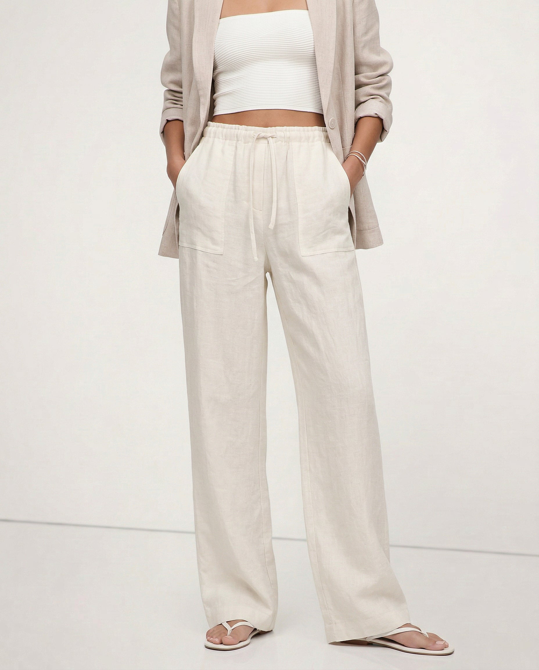 Anna-Berg | Sand Drawstring Straight-Leg Linen Pants