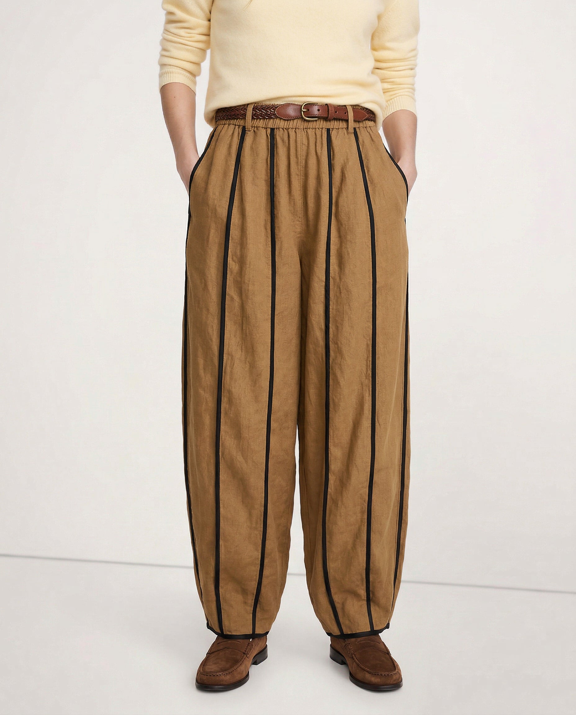Anna-Berg | Green Striped Wide-Leg Linen Pant
