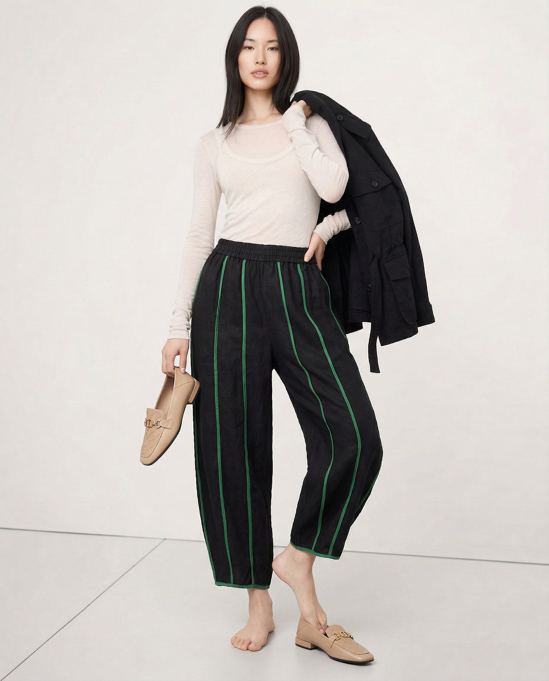 Anna-Berg | Green Striped Wide-Leg Linen Pant