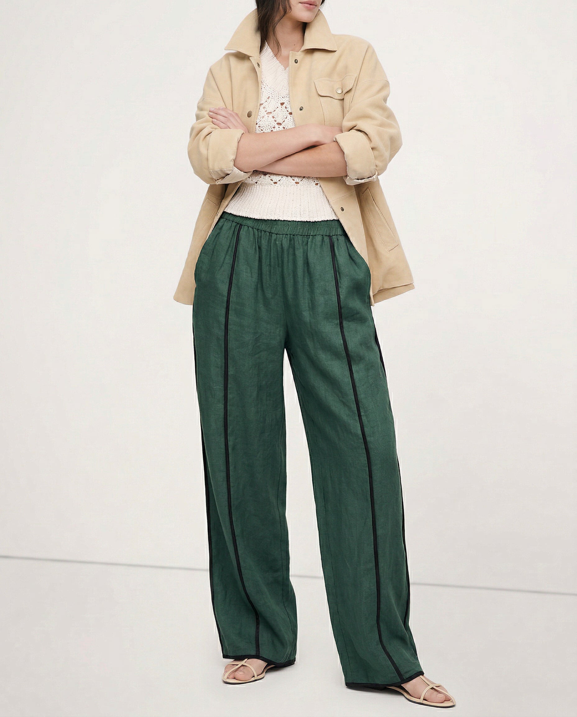 Anna-Berg | Green Striped Wide-Leg Linen Pant