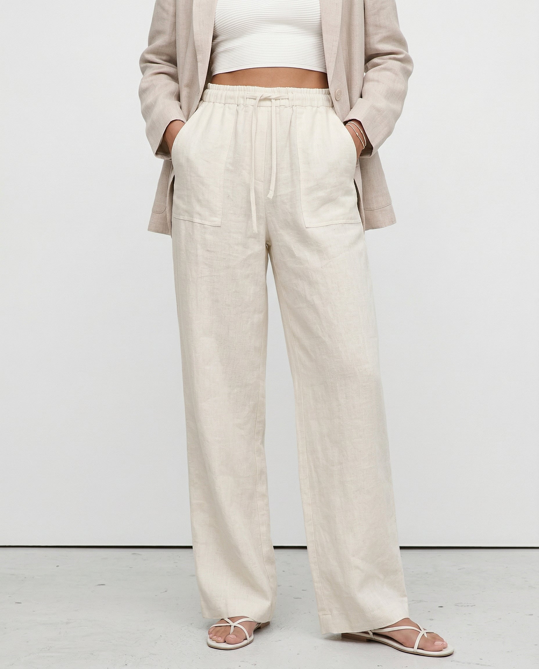Anna-Berg | Sand Drawstring Straight-Leg Linen Pants