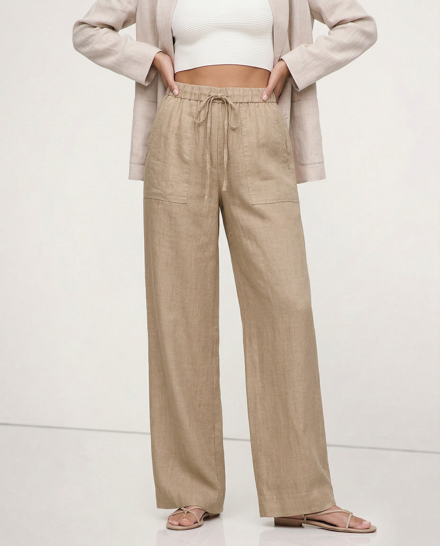 Anna-Berg | Sand Drawstring Straight-Leg Linen Pants
