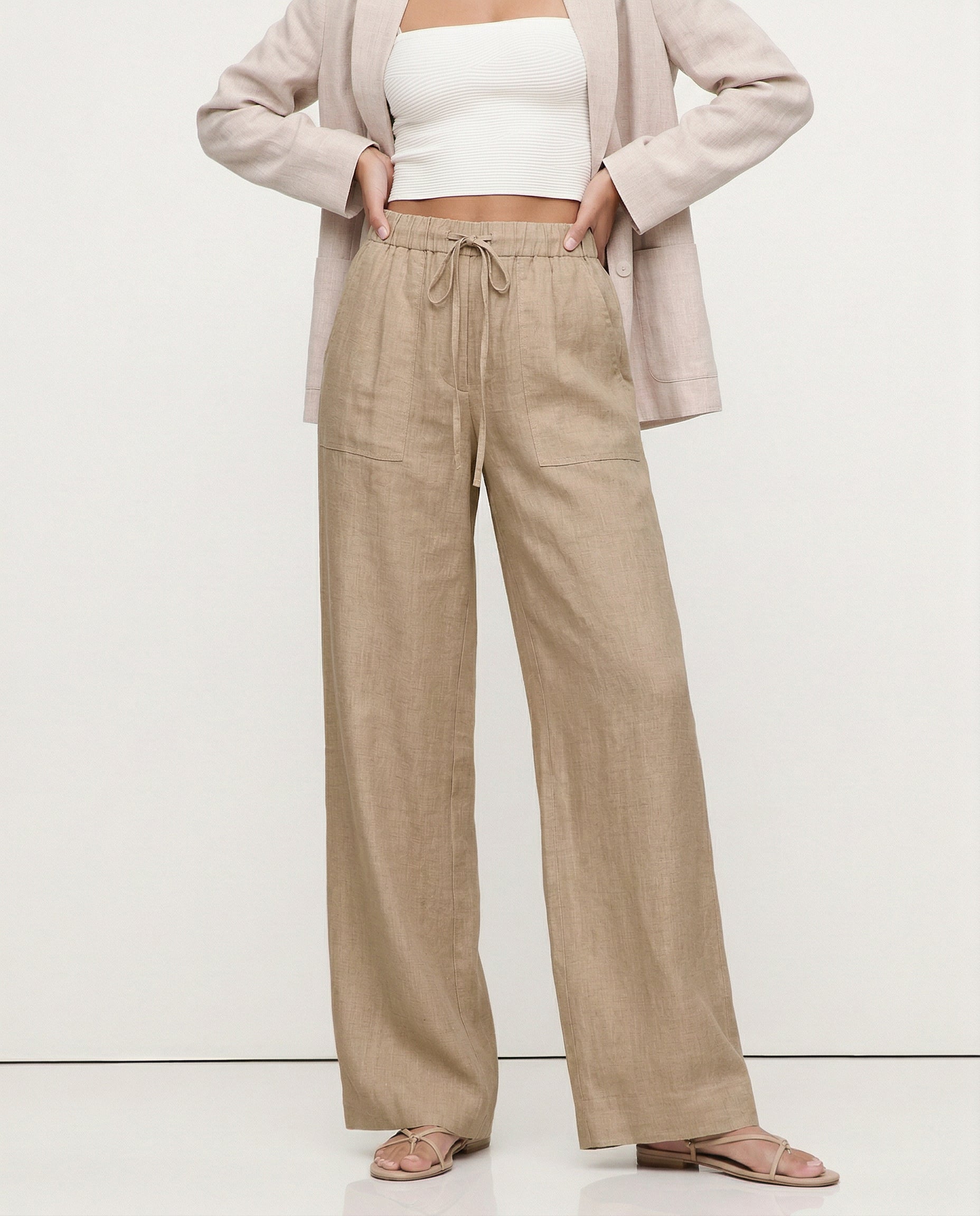 Anna-Berg | Sand Drawstring Straight-Leg Linen Pants