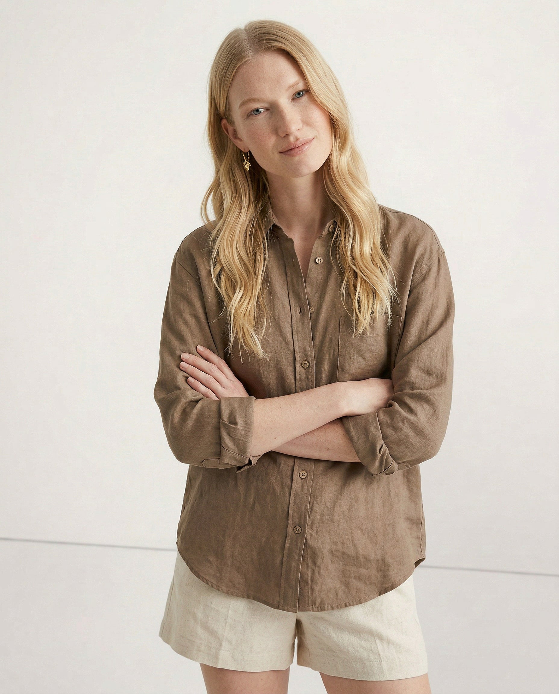 Anna-Berg | Natural Relaxed Fit Open Collar Linen Shirt