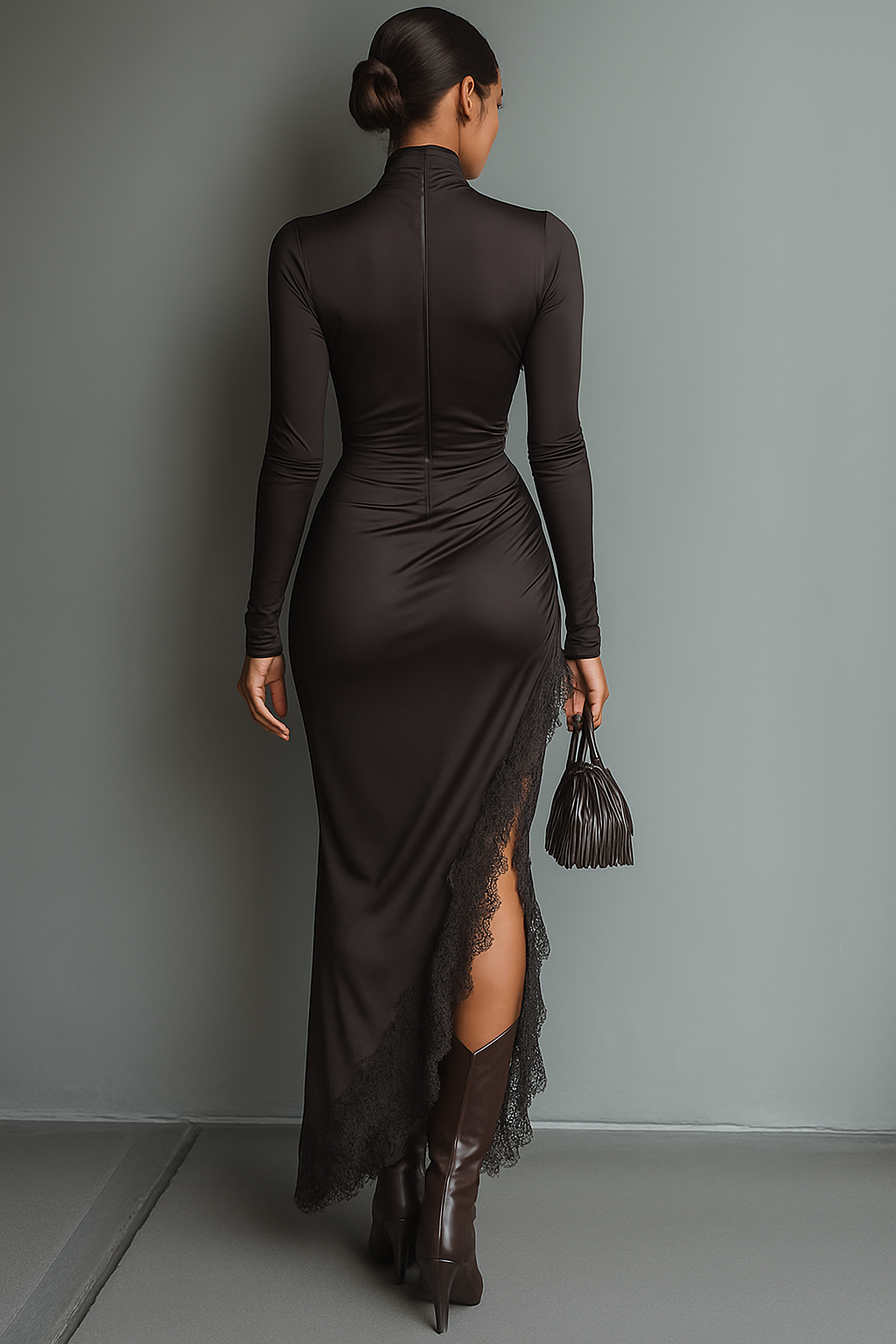 Anna-Berg | Dark Brown Satin Irregular Hem Dress