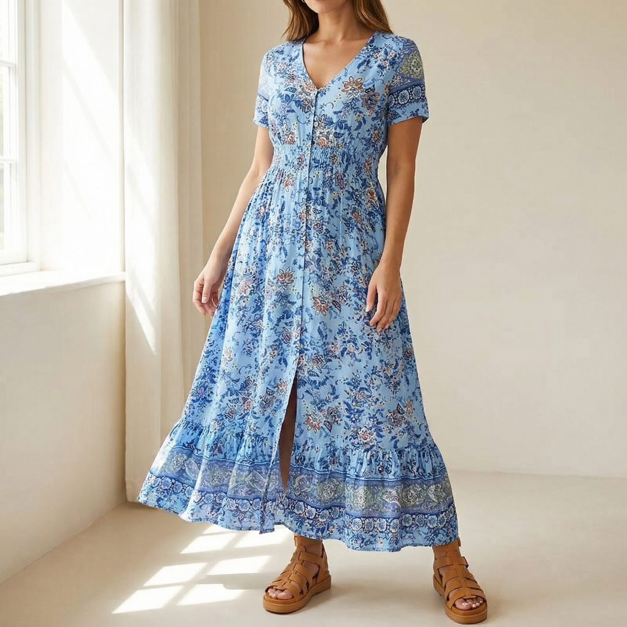 Anna-Berg | Elegant Maxi Floral Dress With V-Neck And Short Sleeves