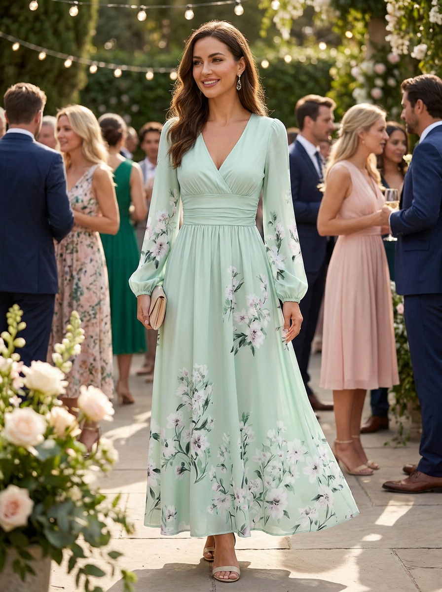 Anna-Berg | Effortless Mint Green Floral Pleated Maxi Dress