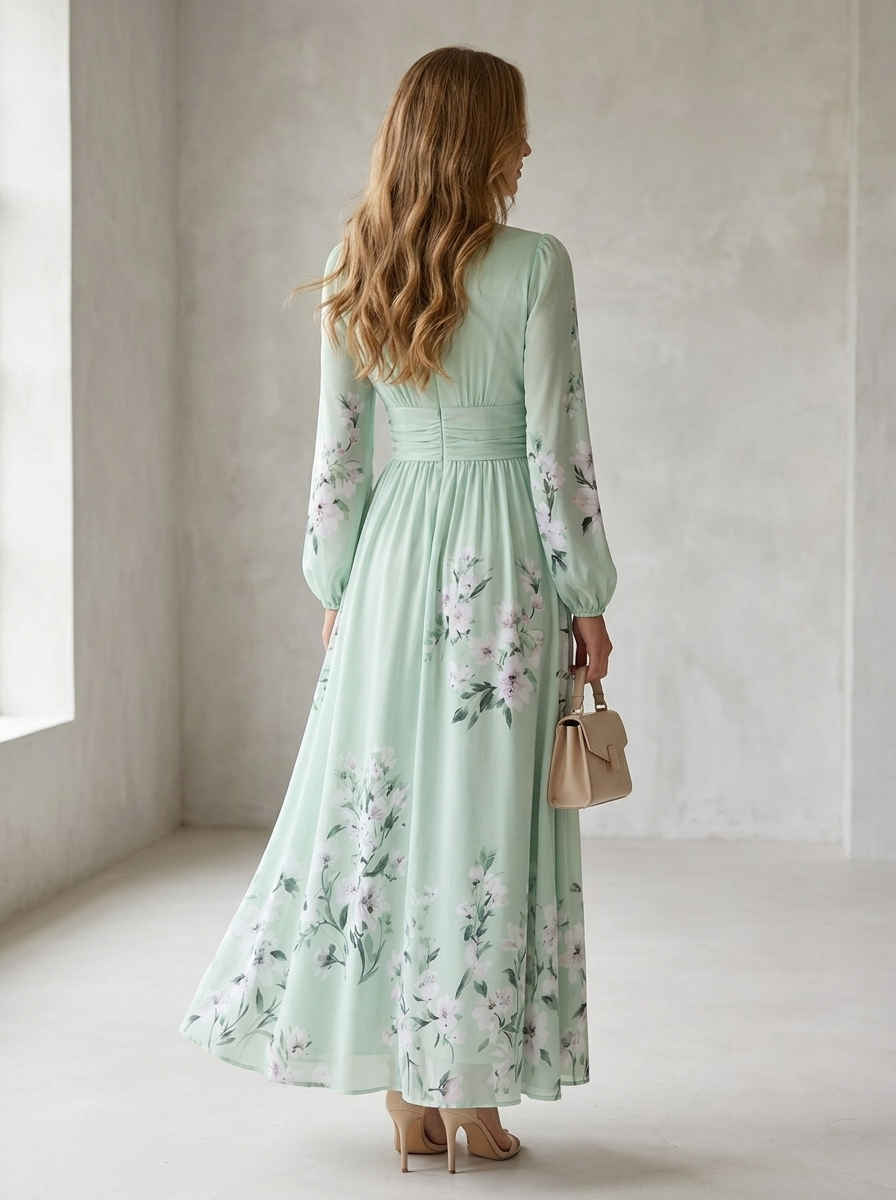 Anna-Berg | Effortless Mint Green Floral Pleated Maxi Dress