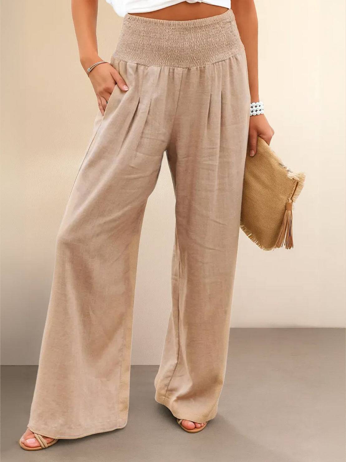 Anna-Berg | Statement High Waist Wide Leg Pants Smocked Waistband
