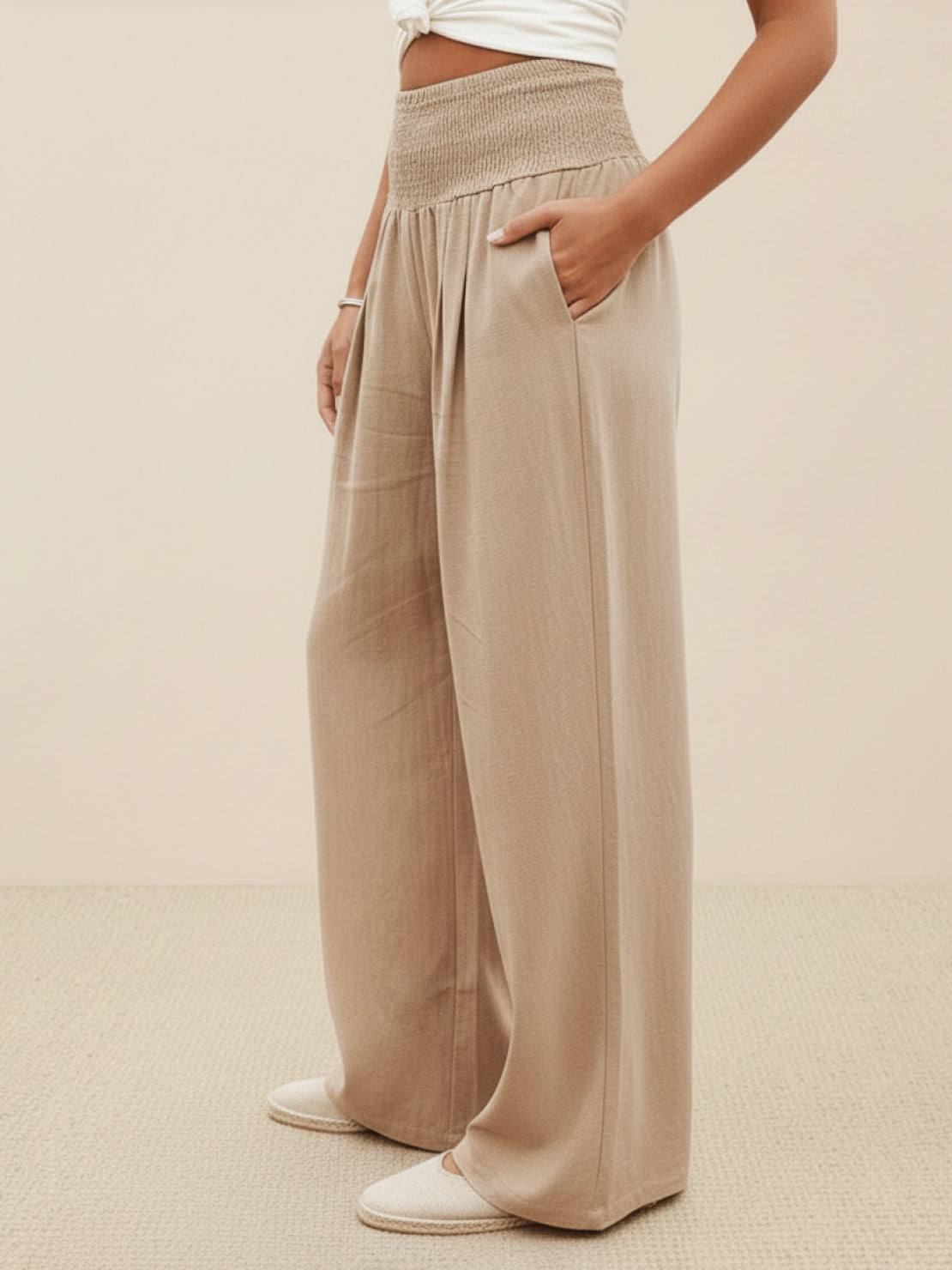 Anna-Berg | Statement High Waist Wide Leg Pants Smocked Waistband