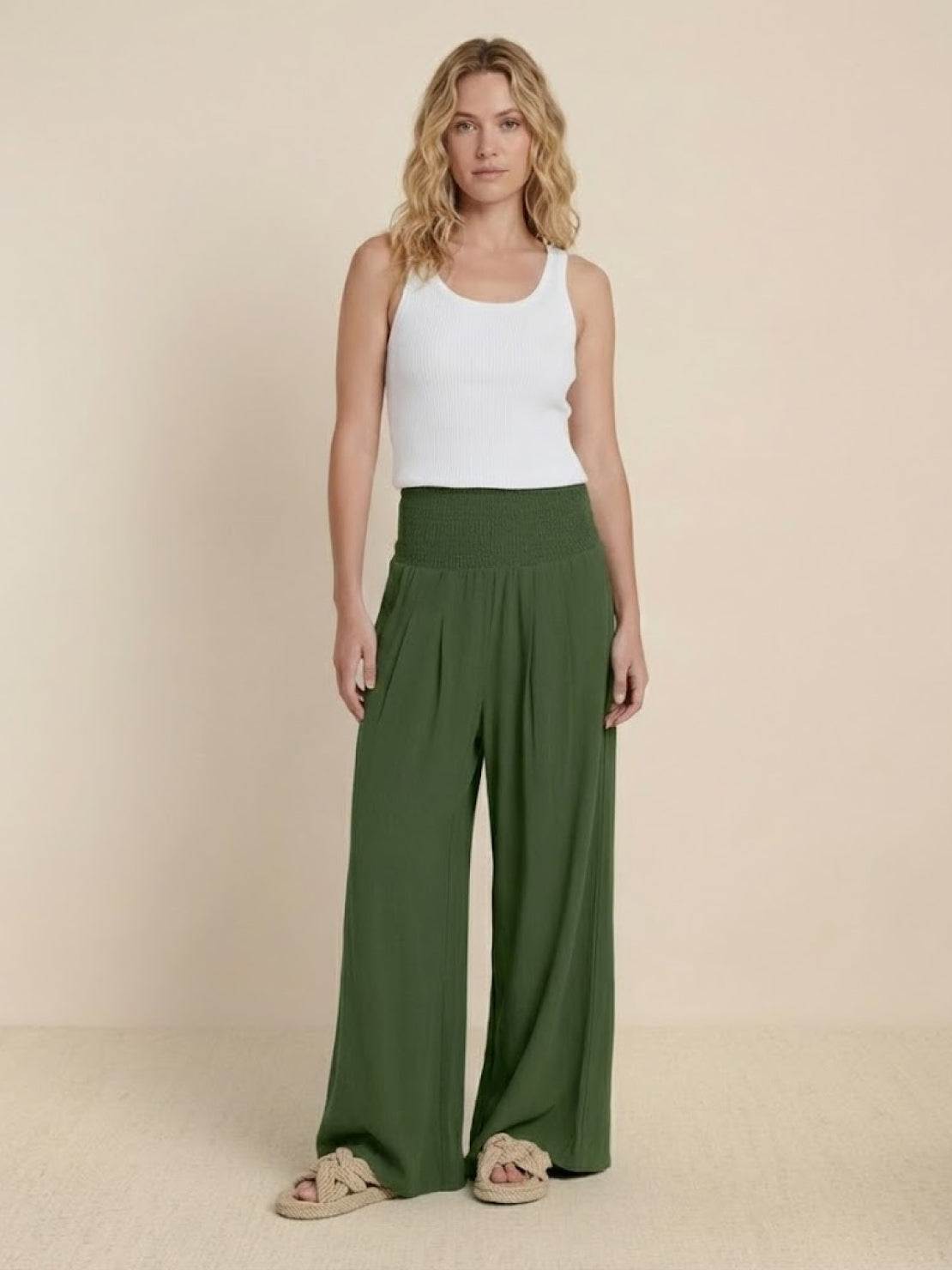 Anna-Berg | Statement High Waist Wide Leg Pants Smocked Waistband